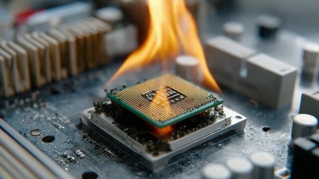 Overheated Processor: A close-up view of a computer processor engulfed in flames, showcasing the intense heat and potential failure within the technology