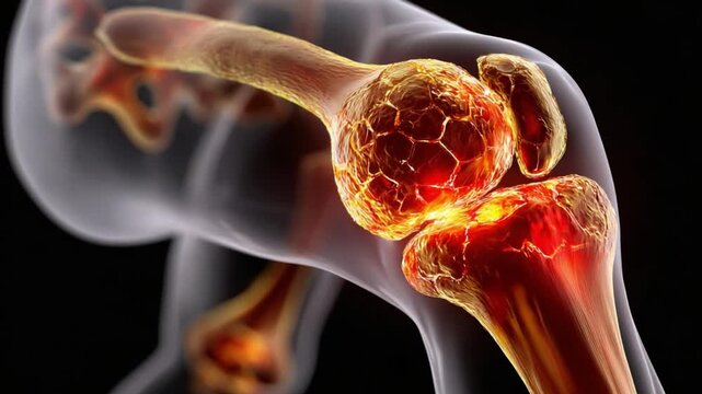 Anatomy of Inflammation: A detailed, medical rendering displays the complex anatomy of a knee afflicted by inflammation. Red hues highlight the affected areas. 