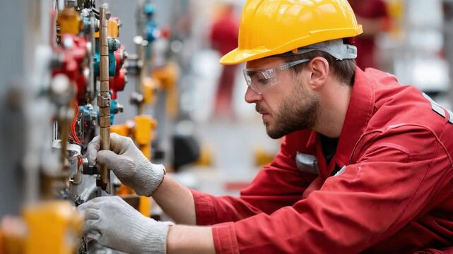 Focused Precision in Industrial Realm: A skilled technician, clad in safety gear, meticulously adjusts intricate machinery, embodying the dedication and expertise within the industrial landscape.