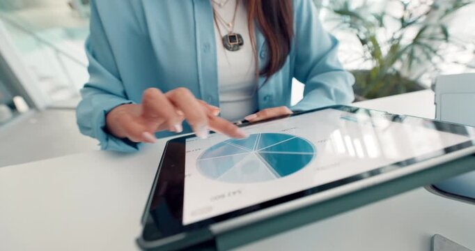 Browsing, data or hands with tablet, office and checking campaign performance on website or graphs. Online, marketing manager or person with tech screen for ad results, charts or sales for business