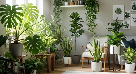 Fototapeta premium Cozy Sunlit Room with Lush Indoor Plants Urban Jungle Decor Greenery.