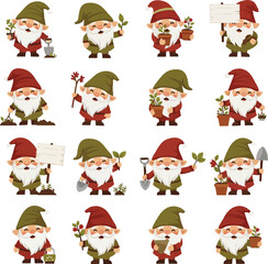A collection of cute cartoon garden gnomes with red and green hats holding gardening tools and plants.