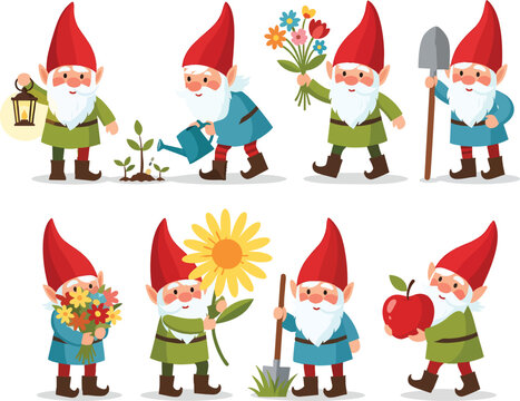 A charming set of eight cartoon garden gnomes with red hats performing various gardening tasks.