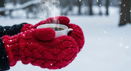 Cozy Winter Moment Holding a Hot Coffee Mug in Red Mittens Amidst Snowfall.