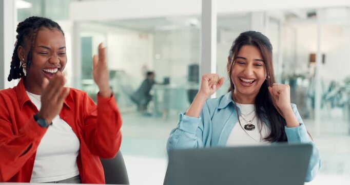Woman, high five and celebration with laptop at startup, team and success with goals at media company. People, excited and support with motivation, happy or computer for project at creative agency