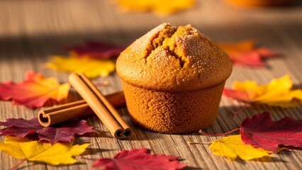 Autumn Pumpkin Muffin with Cinnamon Sticks and Fall Leaves