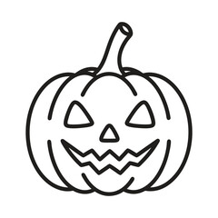 A black and white outline illustration of a carved pumpkin with a spooky face, perfect for Halloween decorations and crafts.