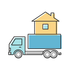 A stylized cartoon illustration of a light blue truck with a blue cargo bed carrying a yellow house with a blue window and a brown roof.