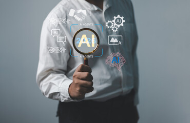 Businessman holding magnifying glass AI 2026 interface artificial intelligence surrounded digital icons, symbolizing teamwork, automation, AI agents collaboration business innovation and data strategy