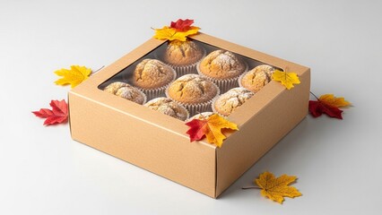 Box of Fall Muffins Decorated with Autumn Leaves