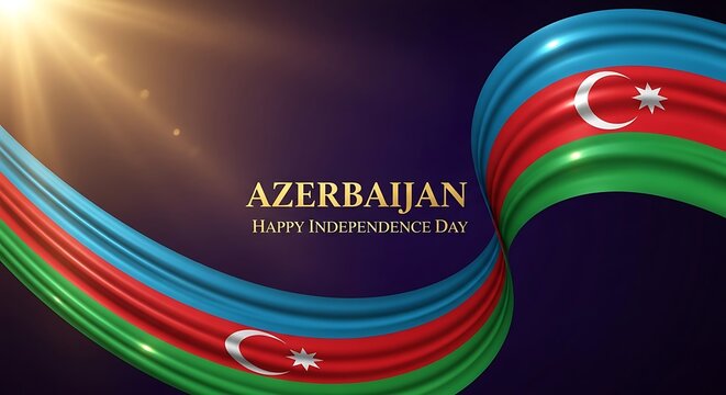 Azerbaijan Independence Day Celebration: Waving Flag with Golden Text and Sunburst - Powered by Adobe