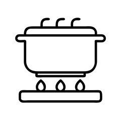 Vector art of cooking pot on a gas stove with flame simple outline vector icon for culinary, food preparation, or kitchenware concept
