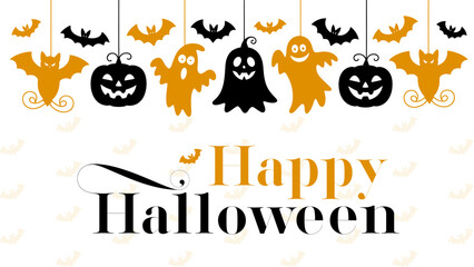 Festive happy halloween design with hanging bats ghosts and pumpkins in black and orange against a white background for seasonal greetings © Creative Catalyst