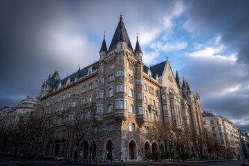 Fototapeta premium Grand stone building with spires set under a partly cloudy sky on a city street