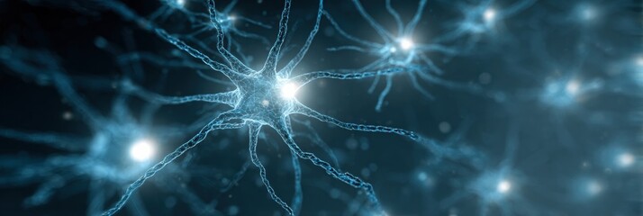 Fototapeta premium Intricate Network of Neurons Glowing in a Dark Background Showcasing Scientific Beauty and Detail