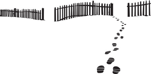 Footprints in snow drawing winter scene fence graphic design simple illustration