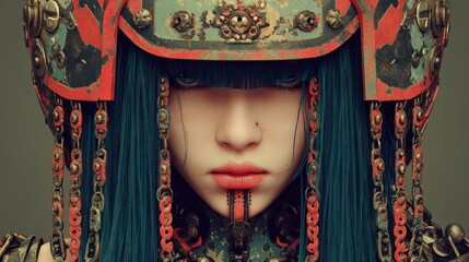 Portrait of a person with ornate headwear and teal hair against a transparent background