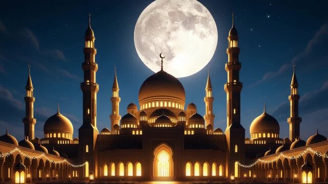 A majestic mosque illuminated under the moonlight, showcasing its architectural beauty and spiritual significance at night