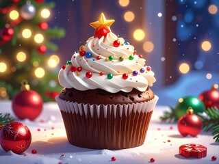 Chocolate Christmas Cupcake with Colorful Sprinkles
