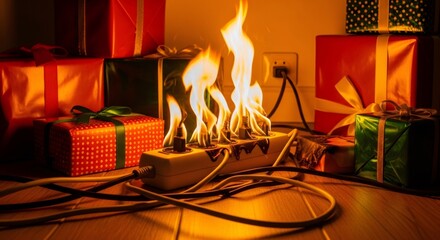 Power strip with multiple plugs on fire near holiday gift boxes. Concept of electrical fire safety, short circuit, and holiday home danger.