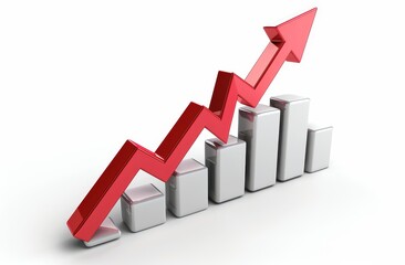 3D Red Upward Arrow & Bar Graph on White Background, Simple Clipart-Style Design