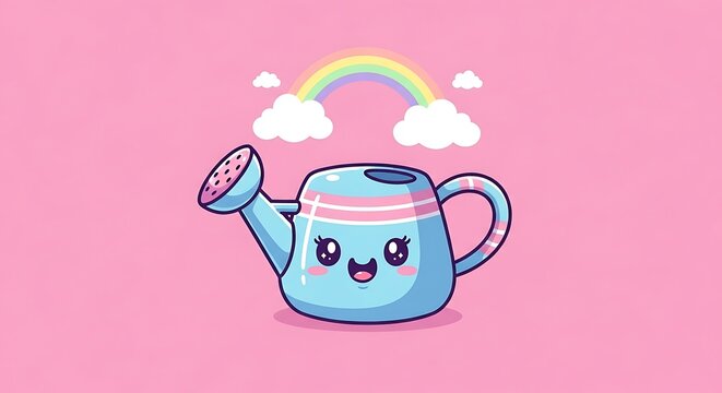 Cute cartoon watering can with rainbow with pink background, and gardening concept.
