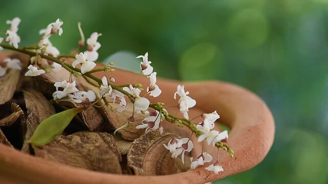 Derris scandens woods slices and branch flowers on natural background.