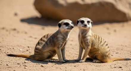 Fototapeta premium Cute Meerkats Pair Standing Together in Sunny Desert Habitat with Wildlife Portrait.