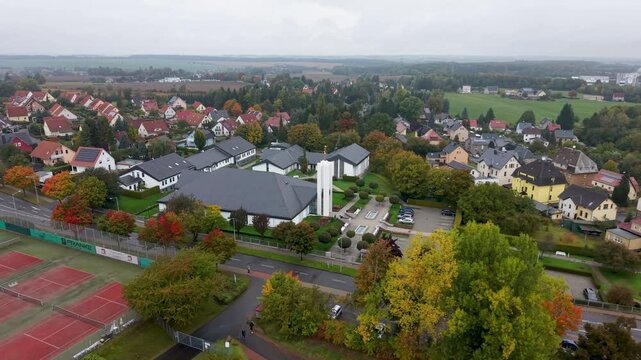 Aerial Freiberg Germany LDS Temple front arch 1. The Church of Jesus Christ of Latter-day Saints, LDS or Mormon religion. Urban rural neighborhood. Christian religious groups, Europe.