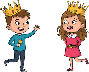 Cartoon children prince and princess, boy in crown shirt, girl in pink dress, playful royalty, childhood imagination, fantasy storytelling illustration