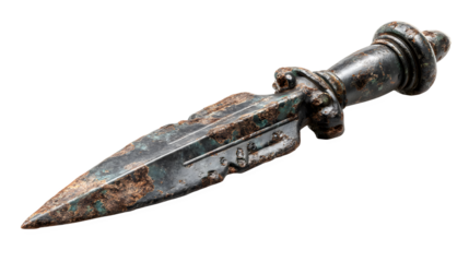 An ancient Roman pilum spear with a rusted iron head. isolated on white background