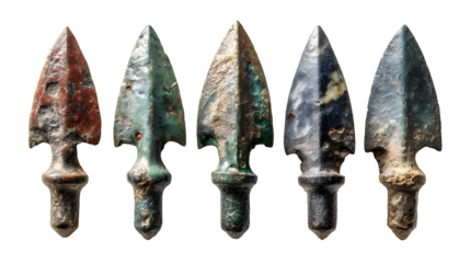A collection of small, battle-worn arrowheads from various ancient civilizations. isolated on white background