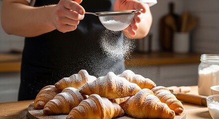 Baker dusting powdered sugar over croissants on wooden board, blurred rustic kitchen background, natural daylight food photography for artisanal bakery ads and cozy branding