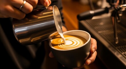 Barista pouring silky latte art into ceramic cup, swirling milk patterns and cinematic side light, close-up coffee photography for caf&eacute; branding