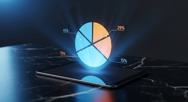 Slim tablet projecting holographic pie charts, placed on sleek black marble desk, futuristic office photography for technology branding