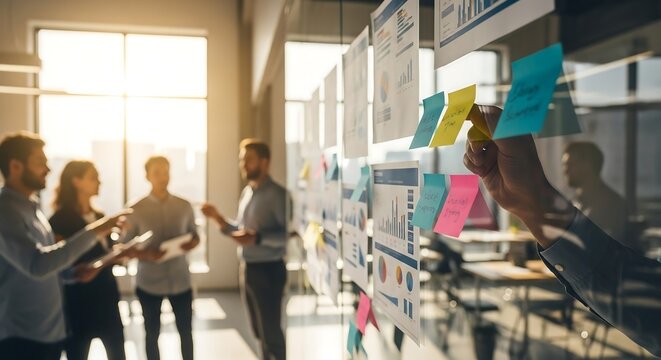 Male hand placing sticky note on glass wall, blurred colleagues brainstorming in background, business teamwork photography for startup branding - Powered by Adobe