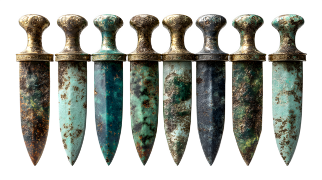 A collection of ancient Celtic bronze daggers and shortswords. isolated on white background