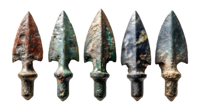 A collection of small, battle-worn arrowheads from various ancient civilizations. isolated on white background