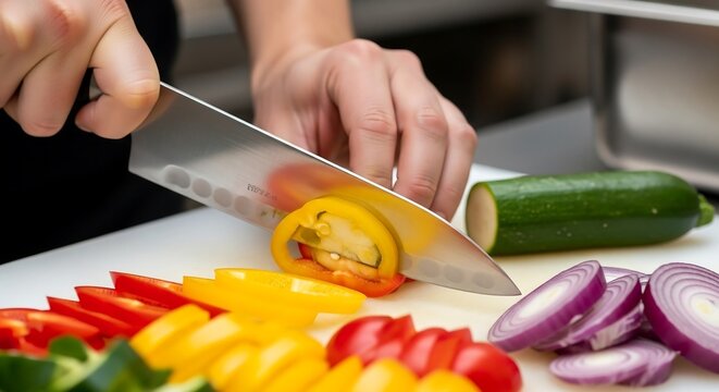 Cook slicing fresh vegetables with sharp knife, blurred stainless steel cutting board background, cinematic food photography for healthy recipe ads and modern culinary branding