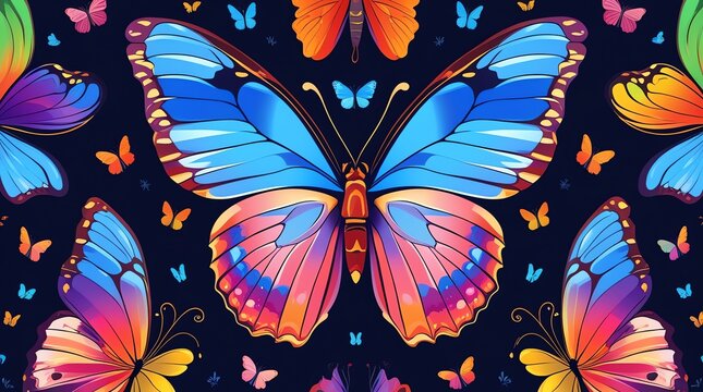 A dark blue background filled with colorful stylized butterflies of various sizes