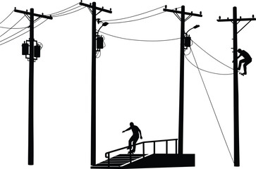 Silhouette utility poles with transformers, power lines, worker climbing pole, skateboarder performing trick, urban infrastructure, street culture, electricity grid illustration