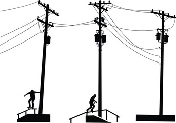 Silhouette utility poles with transformers, power lines, skateboarders performing tricks, urban infrastructure, street sports, electricity grid, black and white illustration