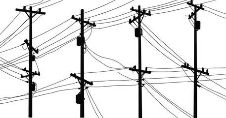 Silhouette utility poles with wires, electrical transformers, power distribution system, urban infrastructure, energy grid, overhead lines, electricity, engineering illustration