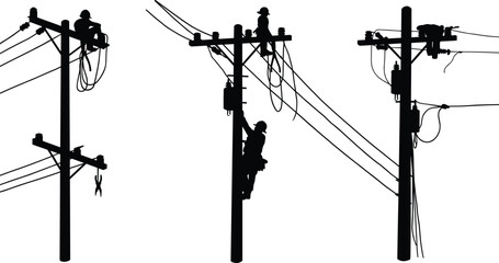 Silhouette utility poles with workers, electrical maintenance, power line installation, urban infrastructure, energy grid, overhead wires, electricity, engineering illustration