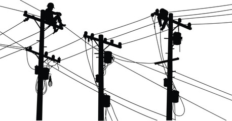 Silhouette utility poles with workers, electrical maintenance, power line repair, urban infrastructure, energy grid, overhead wires, electricity, engineering safety illustration