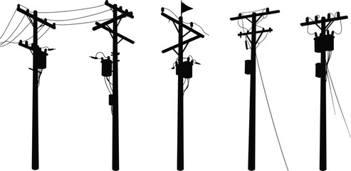 Silhouette utility poles with wires, transformers and equipment, electrical distribution system, urban infrastructure, energy grid, overhead lines, electricity illustration
