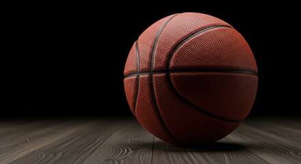 Obraz premium Basketball on a wooden floor with a dark background