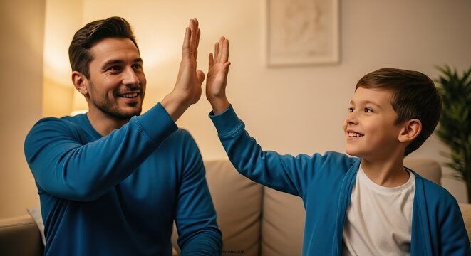 Father and son giving each other a high five while sitting on the couch