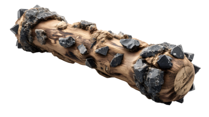 A traditional Aztec wooden club, or Macuahuitl, with embedded obsidian blades. isolated on white background