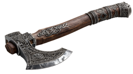 A Viking battle axe with intricate knotwork carvings on the wooden handle. isolated on white background